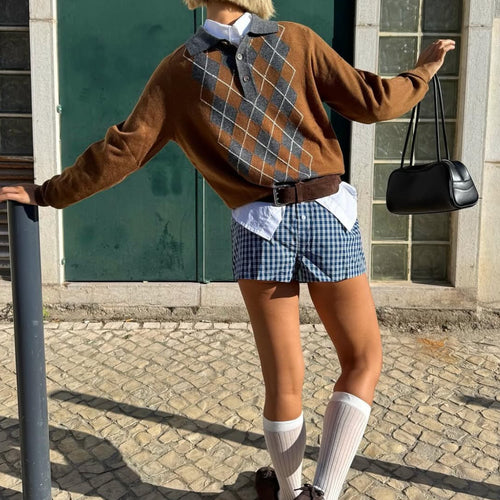 Damen Pullover mit klassischem Polokragen und modernem Rautenmuster EB