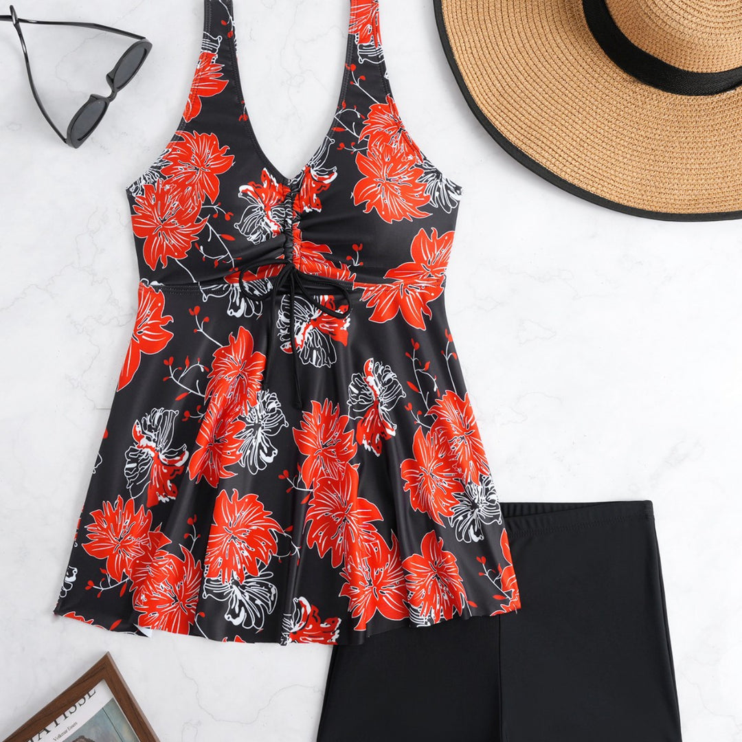 Damen Tankini mit floralem Wickeldesign und bequemen Shorts EB