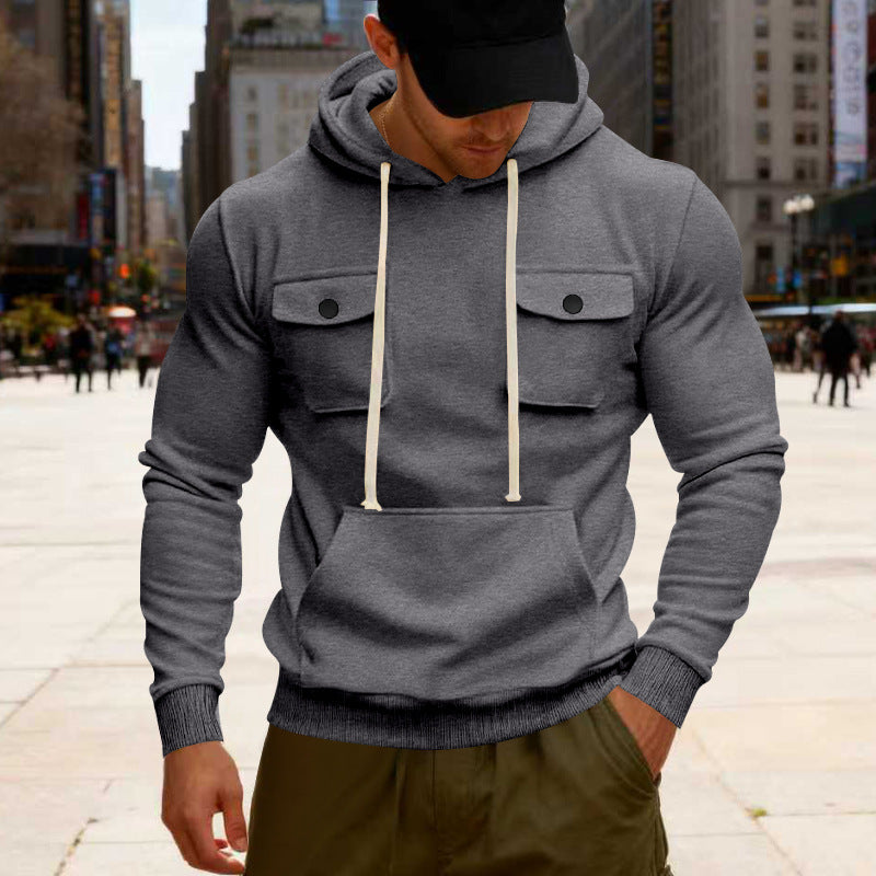 Herren nan urbaner Kapuzenpullover mit Brustklappen, Kängurutasche und athletischem Schnitt EB
