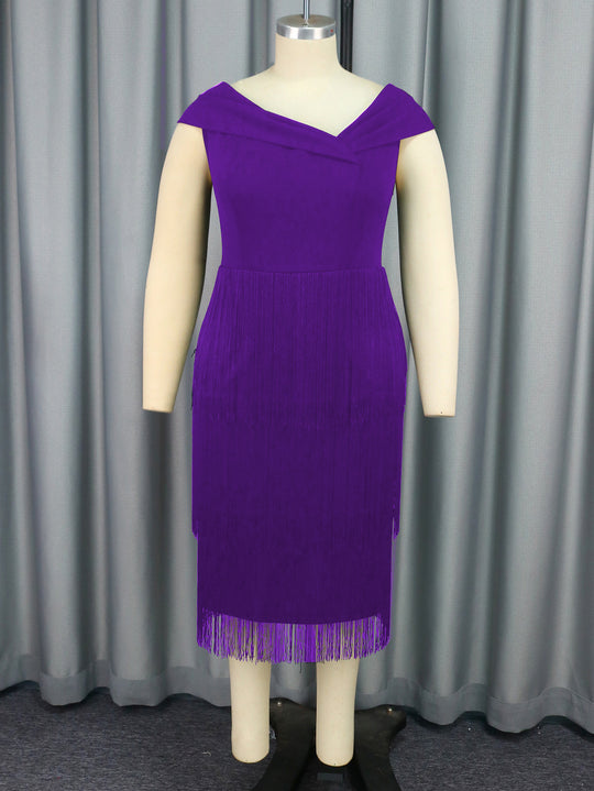 Damen Glamouröses Fransen-Kleid mit elegantem V-Ausschnitt EB