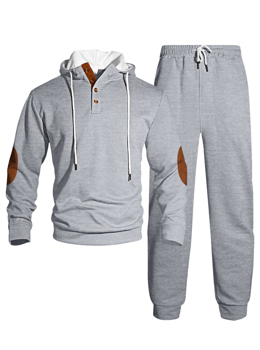 Herren nan Waffelstruktur Henley-Kapuzen-Set mit Holzknopfleiste Ellbogen-Patches und konischer Jogginghose EB