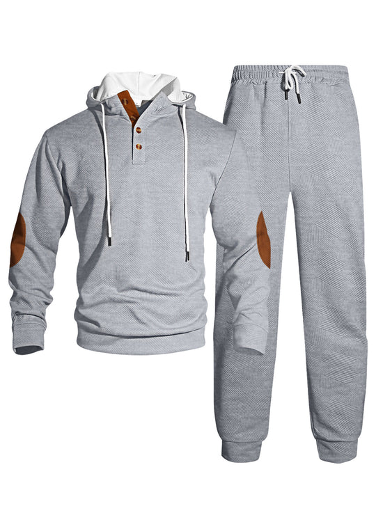 Herren nan Waffelstruktur Henley-Kapuzen-Set mit Holzknopfleiste Ellbogen-Patches und konischer Jogginghose EB