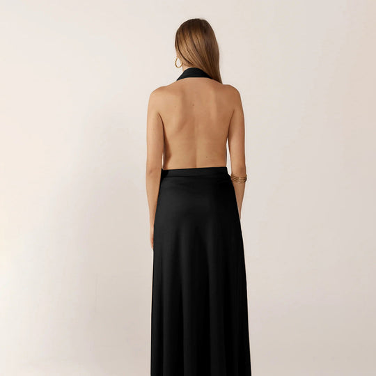 Damen Elegantes Maxikleid mit tiefem V-Ausschnitt und dekorativem Gürtel EB