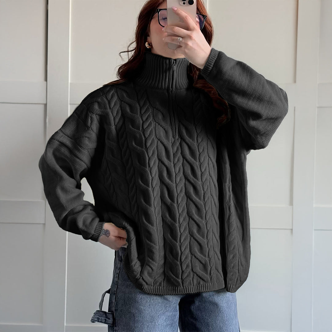 Damen nan oversized Zopfmuster-Troyer mit halbem Reißverschluss, hohem Stehkragen und gerundetem Saum EB