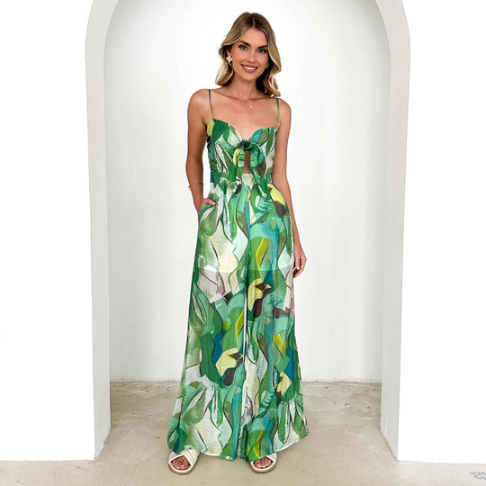 Damen Jumpsuit mit verspieltem Knotendetail und farbenfrohem Muster EB