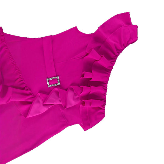 Damen Elegantes Maxikleid mit asymmetrischem Off-Shoulder Design und voluminösen Rüschen EB