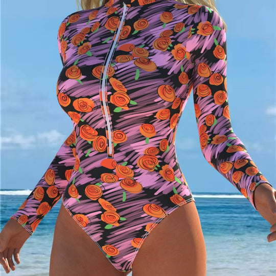 Damen Langarm-Badeanzug mit Reißverschluss und floralem Design EB