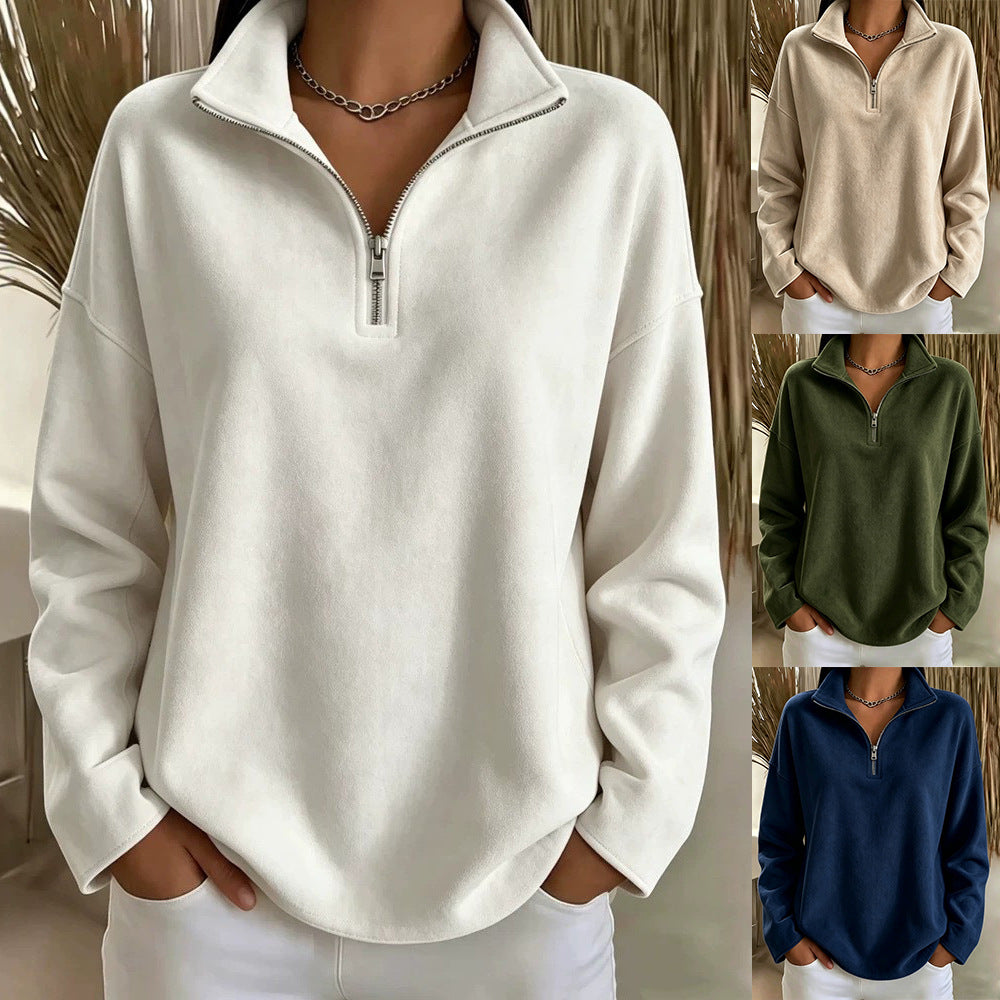 Damen Kuscheliger Oversize-Fleecepullover mit halbem Reißverschluss und Stehkragen EB