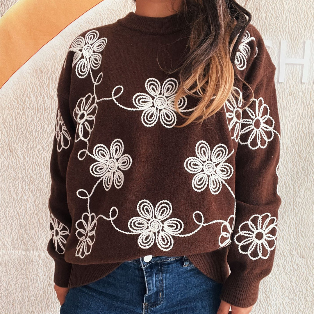 Damen kuscheliger Strickpullover mit floralen Applikationen und Rundhalsausschnitt EB