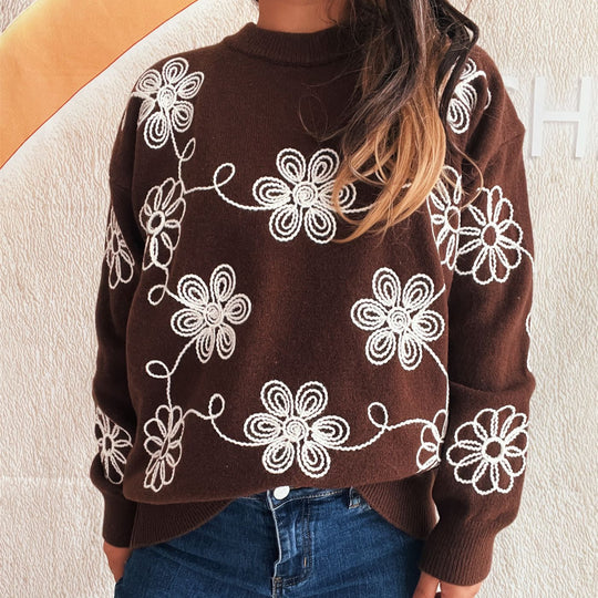 Damen kuscheliger Strickpullover mit floralen Applikationen und Rundhalsausschnitt EB