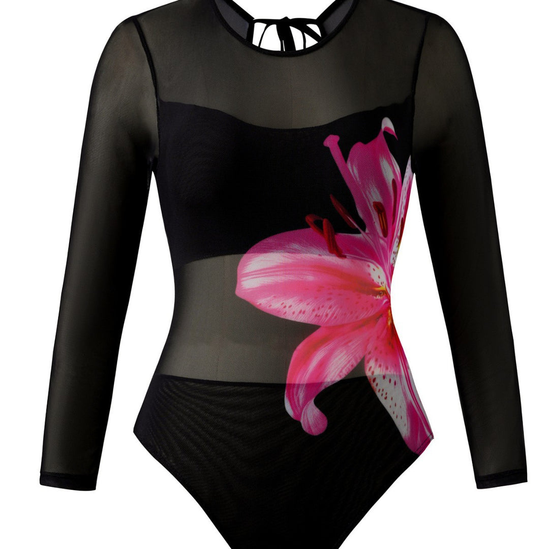 Damen Eleganter Badeanzug mit langem Arm und transparente Wickelrock EB