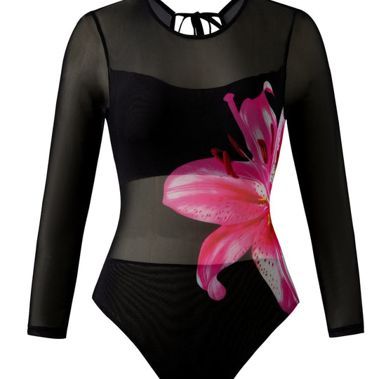 Damen Eleganter Badeanzug mit langem Arm und transparente Wickelrock EB