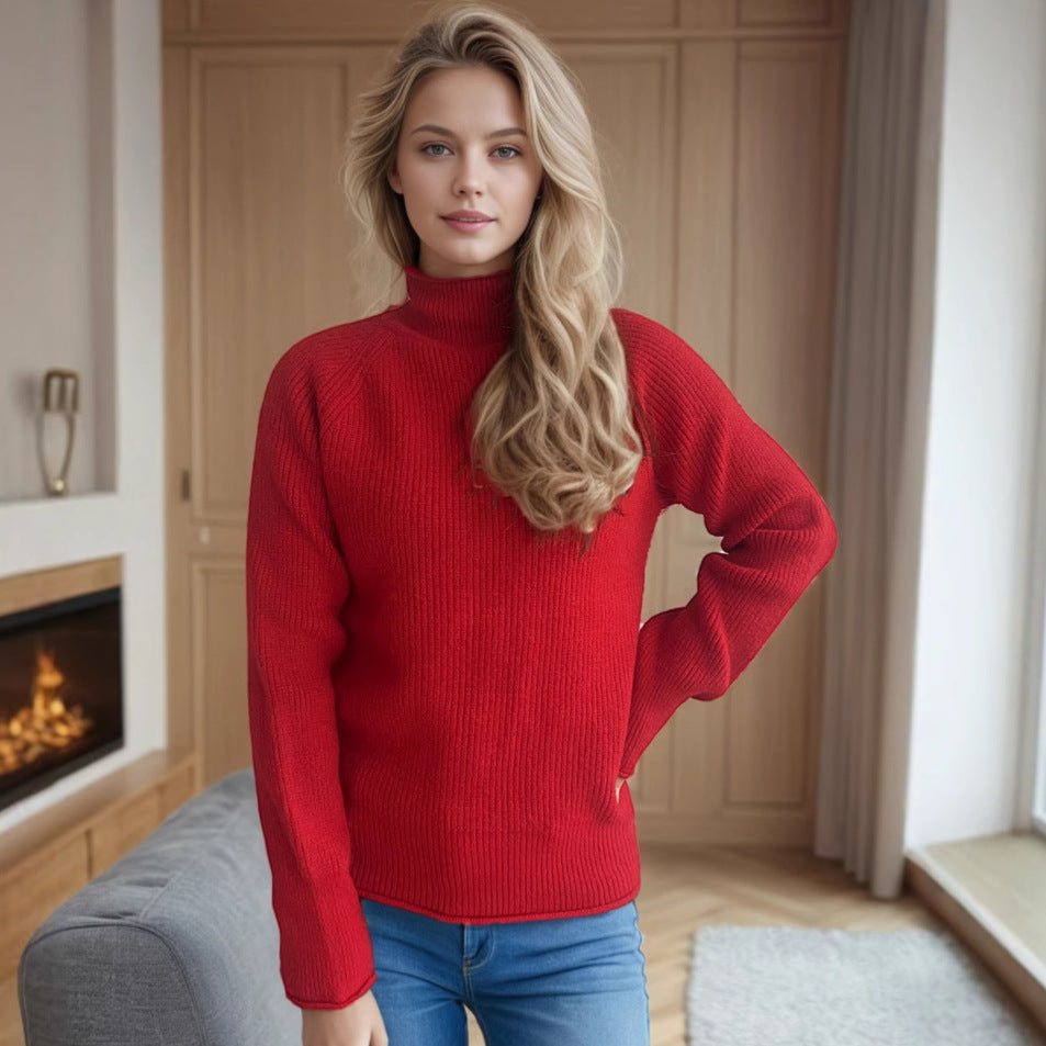 Damen Pullover mit hohem Kragen und strukturiertem Strickmuster EB