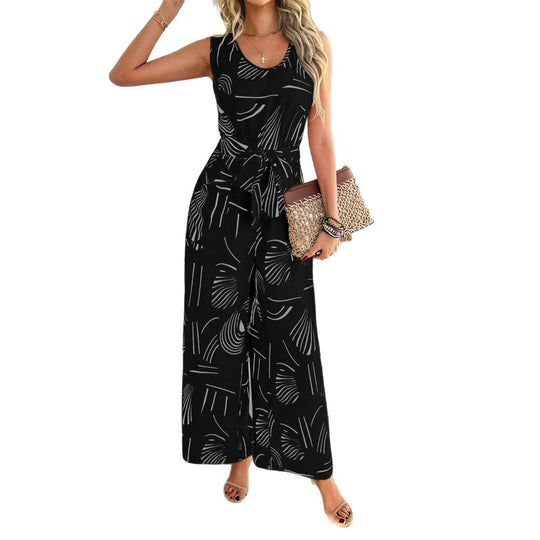 Damen Eleganter Jumpsuit mit Bindegürtel und modernem Grafikdesign EB