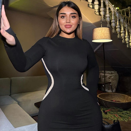 Damen figurbetontes Kleid mit Raffungen und langen Ärmeln EB
