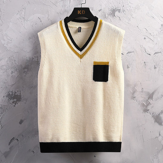 Herren ärmellose Strickjacke mit V-Ausschnitt und Farbblockdesign EB