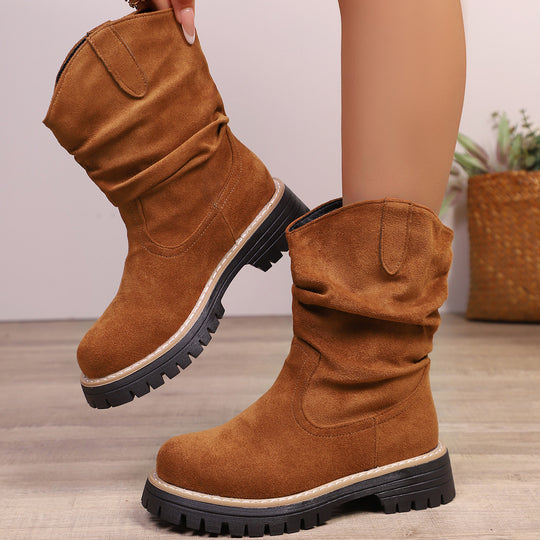 Damen weiche Wildleder-Stiefel mit lässigem Faltenlook und robuster Profilsohle EB