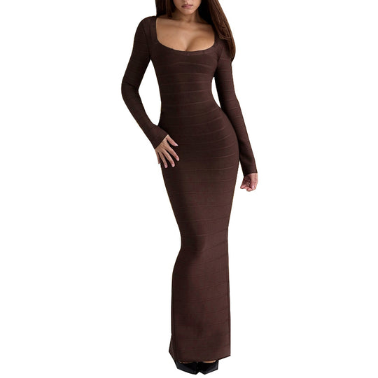 Damen Figurnahes Rippstrick‑Maxikleid mit U‑Boot‑Ausschnitt und Stretch‑Silhouette EB