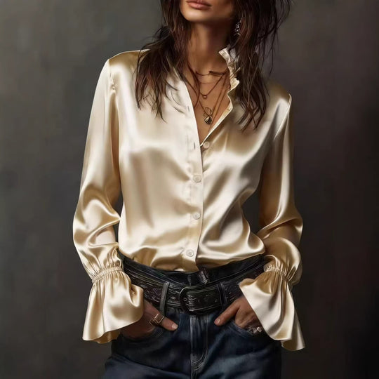 Damen Elegante Seidenbluse mit Raffungen an den Ärmeln EB