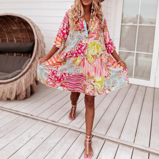 Damen lässiges Maxikleid mit buntem Patchwork-Design und komfortablem Schnitt Heidi-Mode