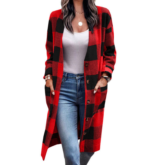 Damen Langarmcardigan mit modernem Karomuster und praktischen Taschen EB