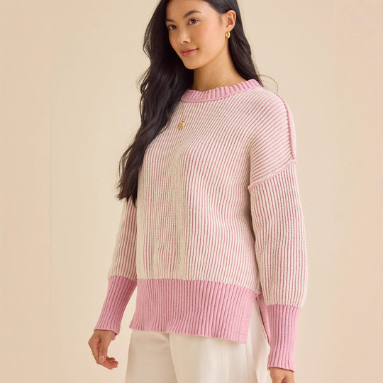 Damen lässiger Strickpullover mit modernem Rippenmuster und überschnittenen Schultern EB