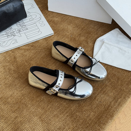 Damen Ballerinas mit dekorativem Riemchen und schimmerndem Metallic-Look EB