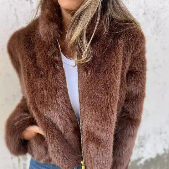 Damen kuschelige und modische Fleecejacke mit Stehkragen und Reißverschluss EB