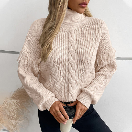 Damen Strickpullover mit hohem Kragen und Zopfmuster EB
