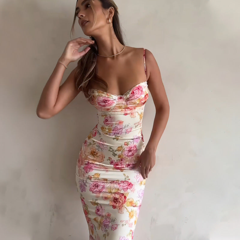 Damen figurbetontes Maxikleid mit floralem Design und elegantem V-Ausschnitt EB