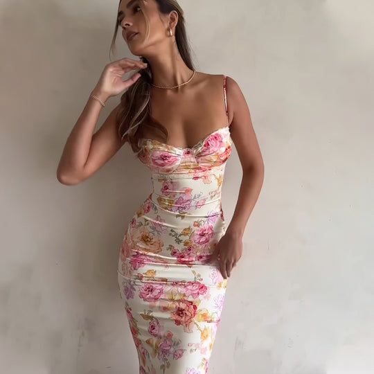 Damen figurbetontes Maxikleid mit floralem Design und elegantem V-Ausschnitt EB