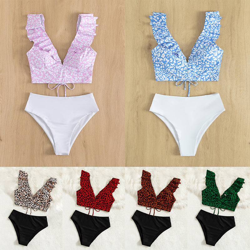 Damen Triangel-Bikini mit Rüschendetails und Animal-Print EB