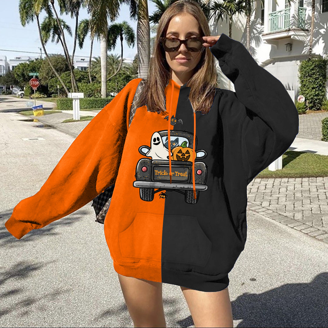 Damen nan Oversize Kapuzenpullover mit geteilter Block‑Optik und Halloween‑Wichtelprint EB
