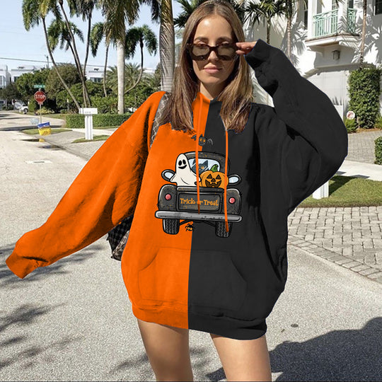 Damen nan Oversize Kapuzenpullover mit geteilter Block‑Optik und Halloween‑Wichtelprint EB