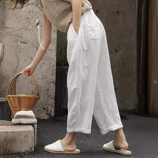 Damen lässige Leinenhose mit elastischem Bund und seitlichen Taschen EB