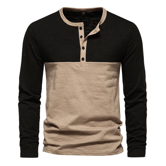 Herren Langarm-Henley-Shirt mit kontrastierenden Ärmeln und stilvollem Knopfdesign EB