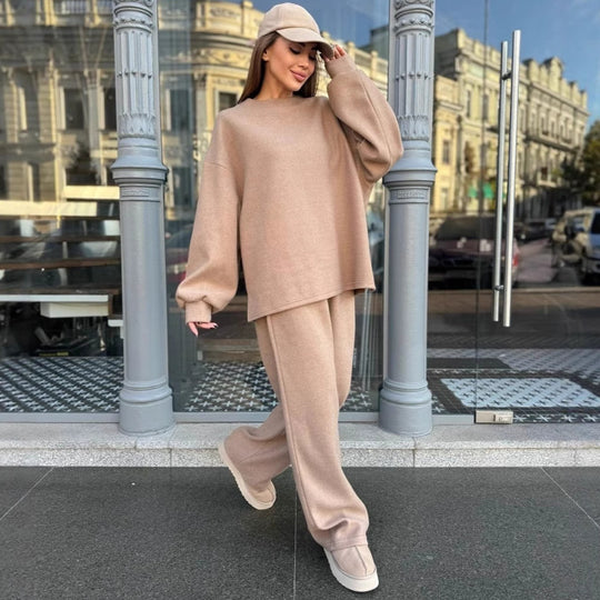 Damen Weiches Oversized-Strick-Loungewear-Set mit legerem Rundhals-Pullover und weiter Komforthose EB
