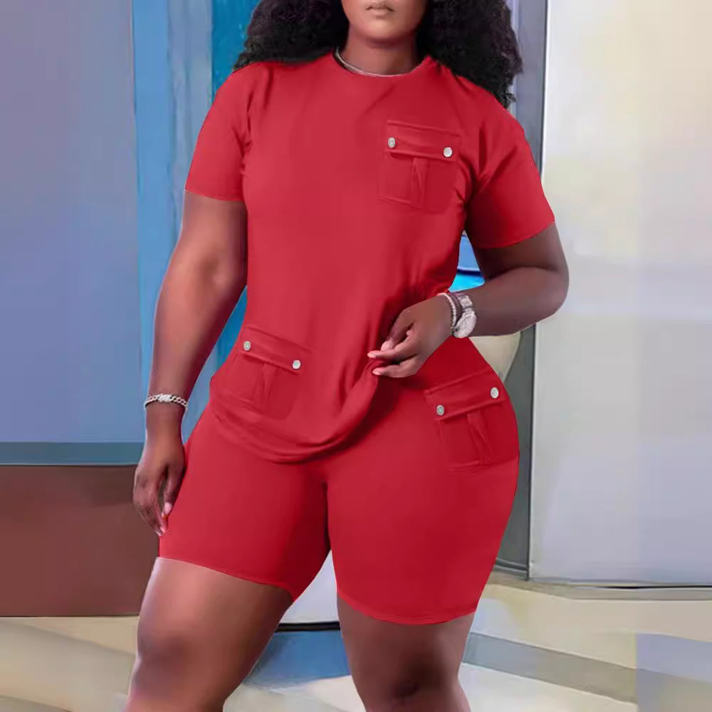 Damen Sportliches Oberteil und Shorts Set mit praktischen Taschen EB