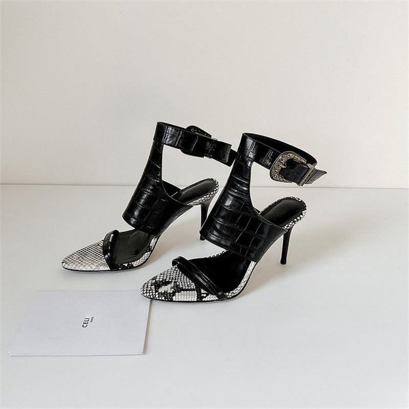Damen Slingback High Heel Sandalen mit Schlangeleder-Akzent EB