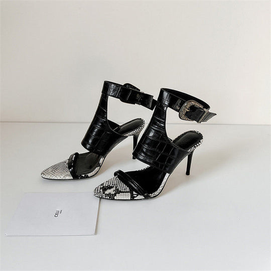 Damen Slingback High Heel Sandalen mit Schlangeleder-Akzent EB