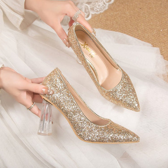 Damen Glitzernde High Heels mit transparentem Blockabsatz EB