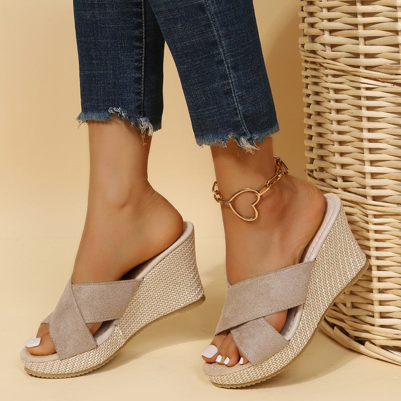 Damen nan Keilsandalen mit geflochtener Bastsohle und gekreuzten Veloursriemen EB