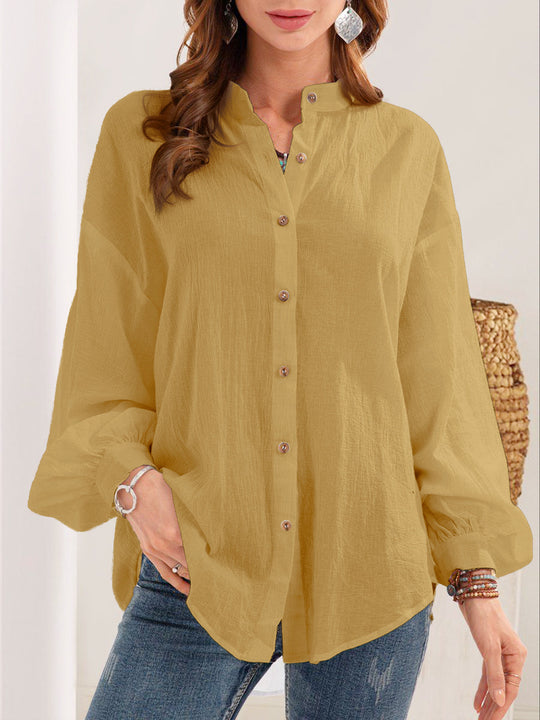 Damen lässige Bluse mit Knopfleiste und Stehkragen EB