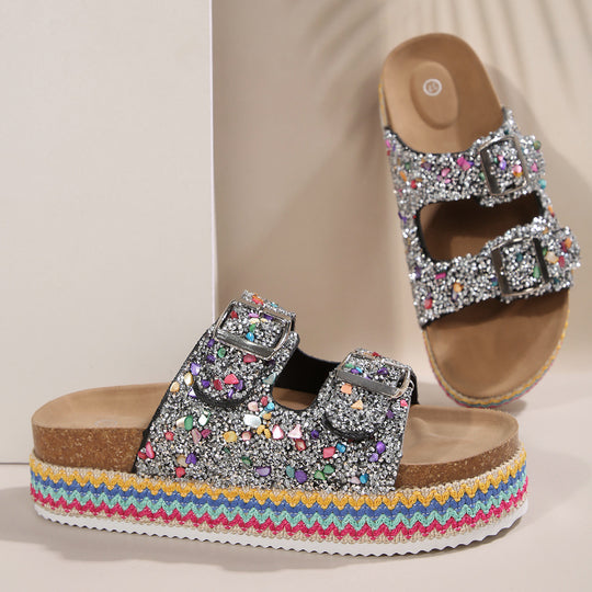 Damen Glitzernde Plateau-Sandalen mit Doppelschnalle und mehrfarbigem Boden EB