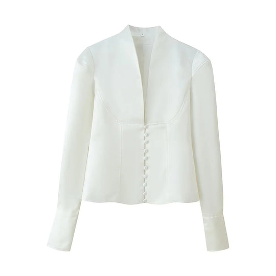 Damen taillierte Bluse mit modernen Knopfdetails und Stehkragen EB