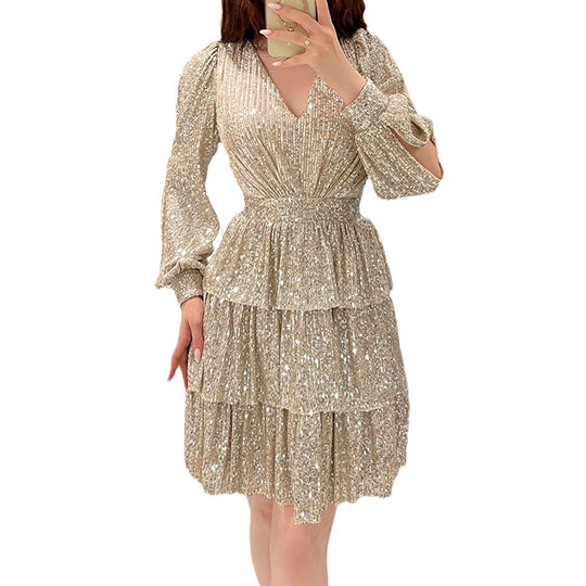 Damen festliches Mini-Kleid mit funkelnden Pailletten und voluminösen Ärmeln EB