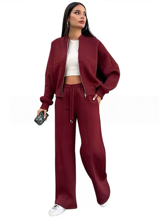 Damen nan kurz geschnittenes Blouson mit Reißverschluss und weiter High-Waist Jogginghose Set EB
