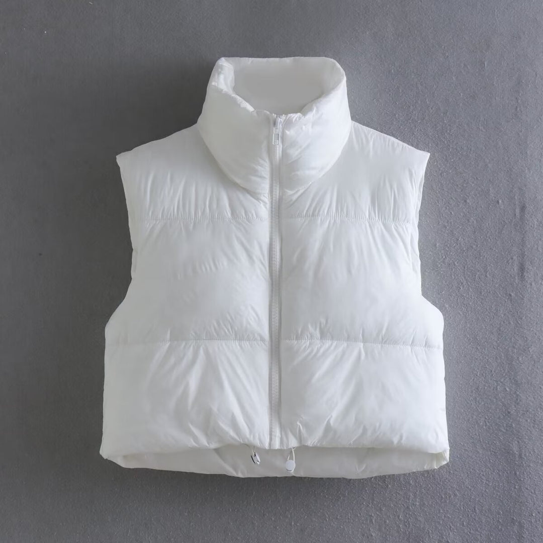 Damen cropped Daunenweste mit hohem Kragen und praktischen Taschen EB