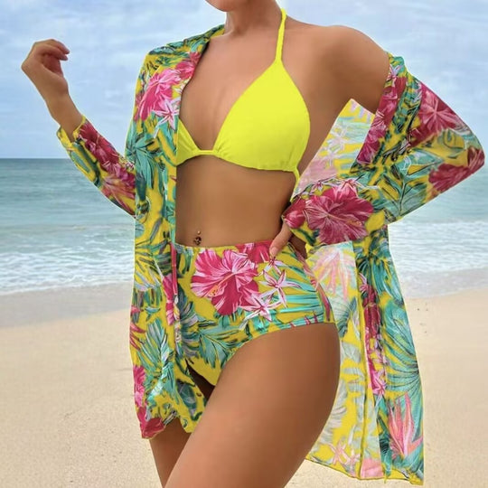 Damen Bikiniset mit floralem Muster und transparenter Strandüberwurf EB