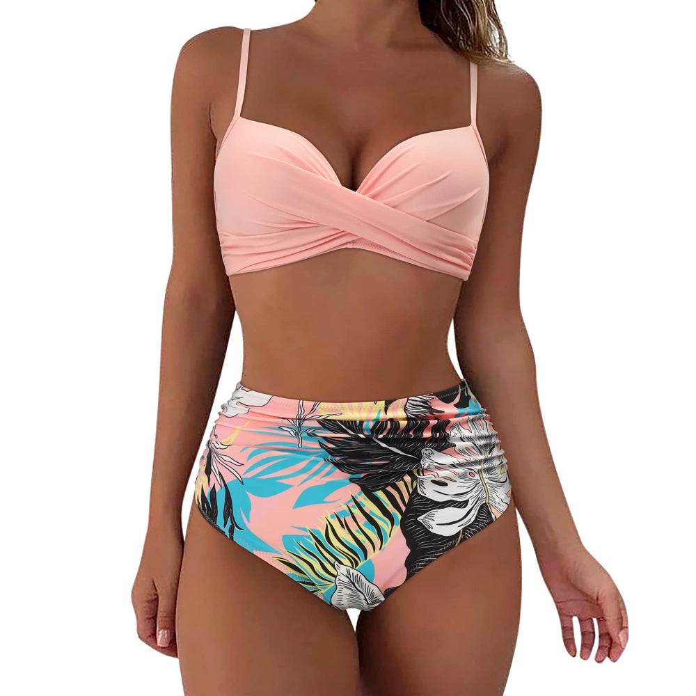Damen Hochtailliertes Bikini-Set mit floralem Oberteil und gerafftem Höschen EB